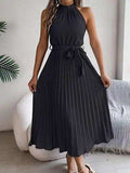 Pleated Tie Waist Sleeveless Midi Dress - Trendsi - Flyclothing LLC