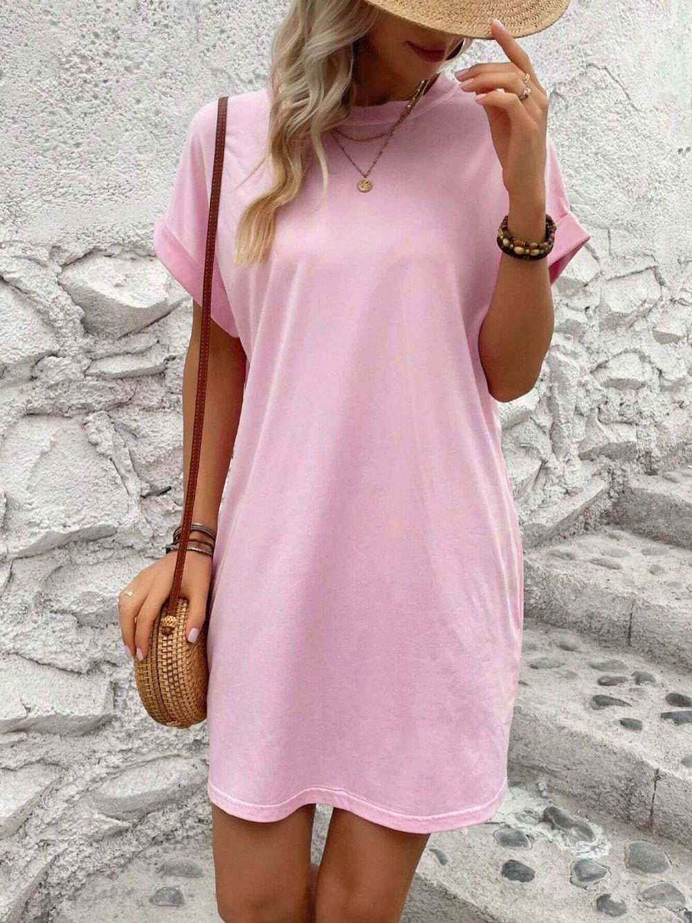 Round Neck Short Sleeve Mini Dress - Trendsi - Flyclothing LLC