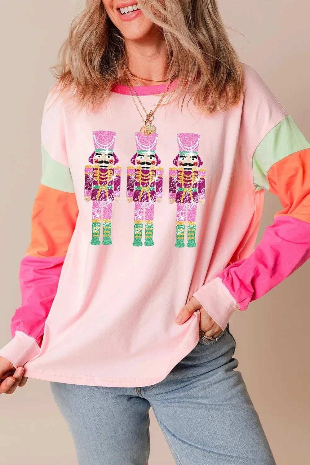 Sequin Nutcracker Round Neck Long Sleeve Top - Trendsi - Flyclothing LLC
