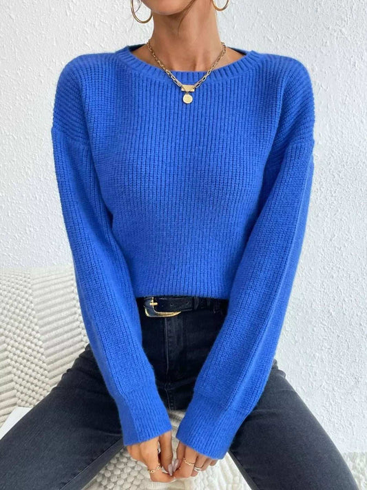 Ribbed Knit Dropped Shoulder Sweater - Trendsi - Flyclothing LLC