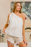 BiBi Cotton Span Knit With Tied Ribbon One Shoulder Top - Trendsi - Flyclothing LLC