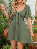 Smocked Back Knotted Flutter Sleeve Dress - Trendsi - Flyclothing LLC