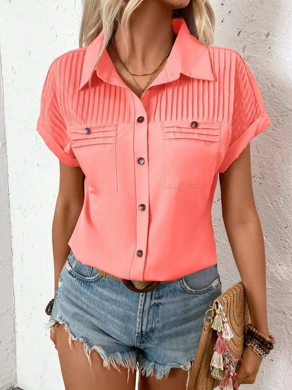 Pleated Detail Collared Neck Short Sleeve Shirt - Trendsi - Flyclothing LLC