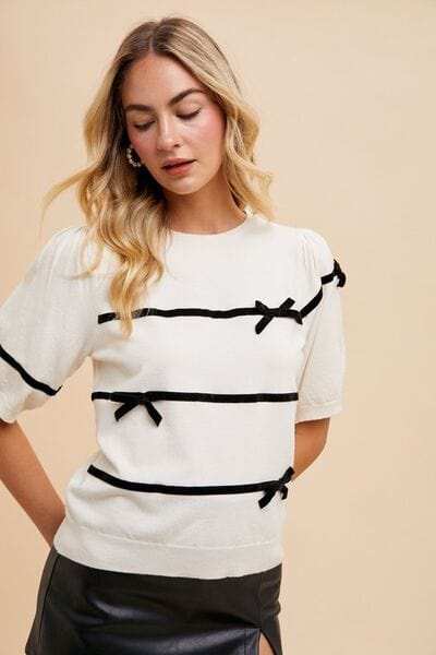 Annie Wear Striped Bow Round Neck Knit Top - Trendsi - Flyclothing LLC
