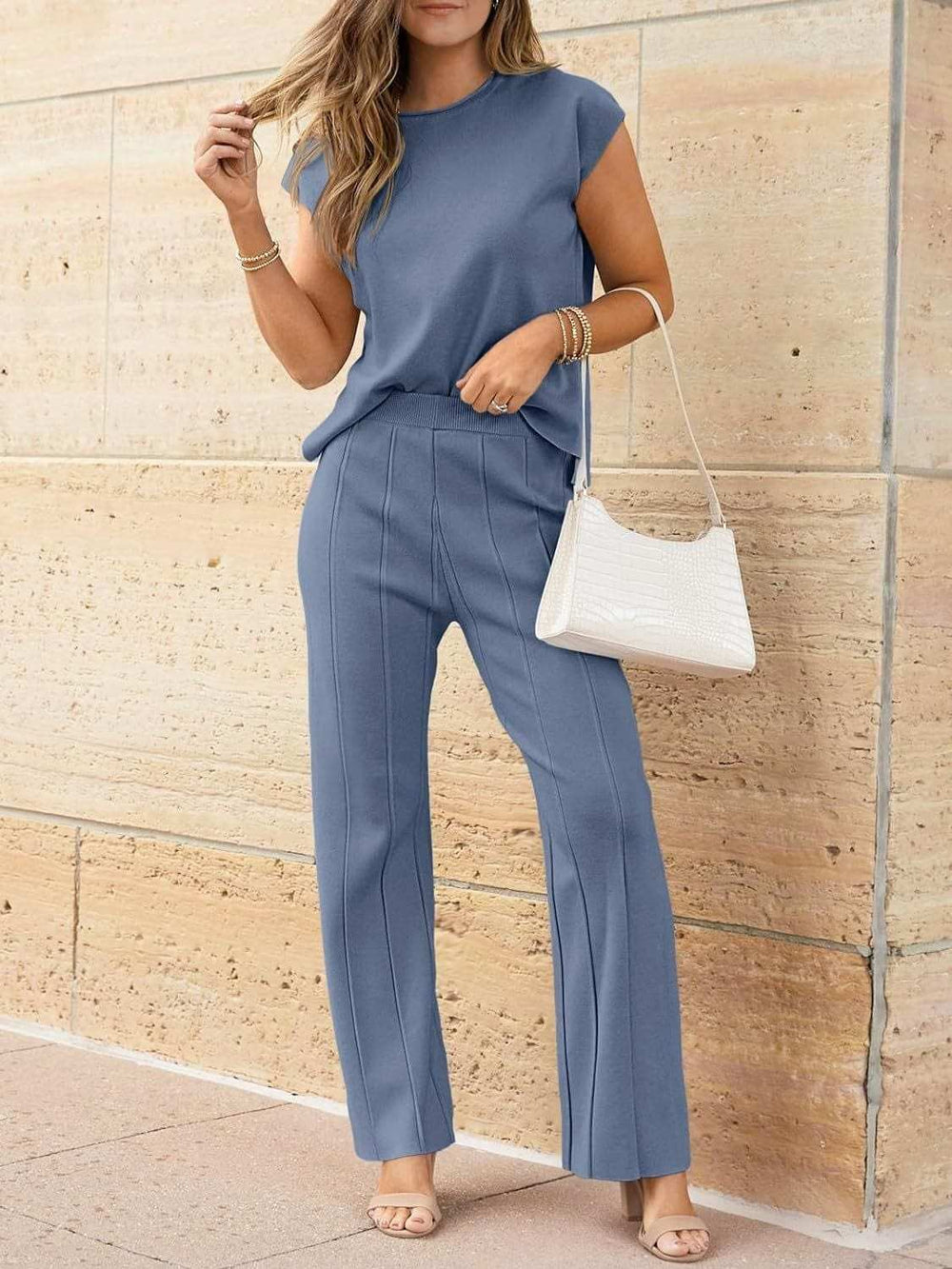 Round Neck Cap Sleeve Top and Pants Knit Set - Trendsi - Flyclothing LLC