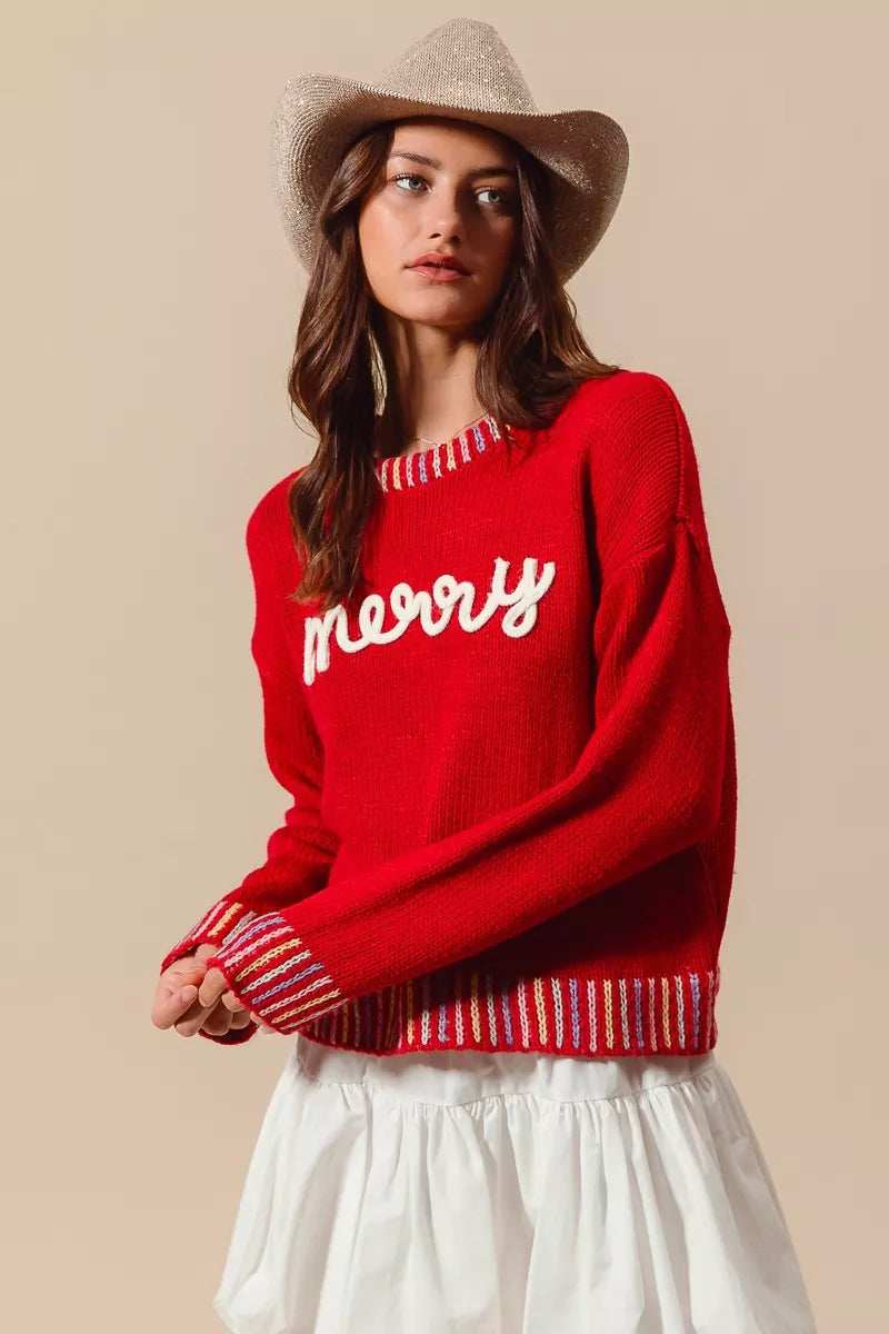 SO ME Merry Lettering Embroidered Christmas Sweater - Trendsi - Flyclothing LLC