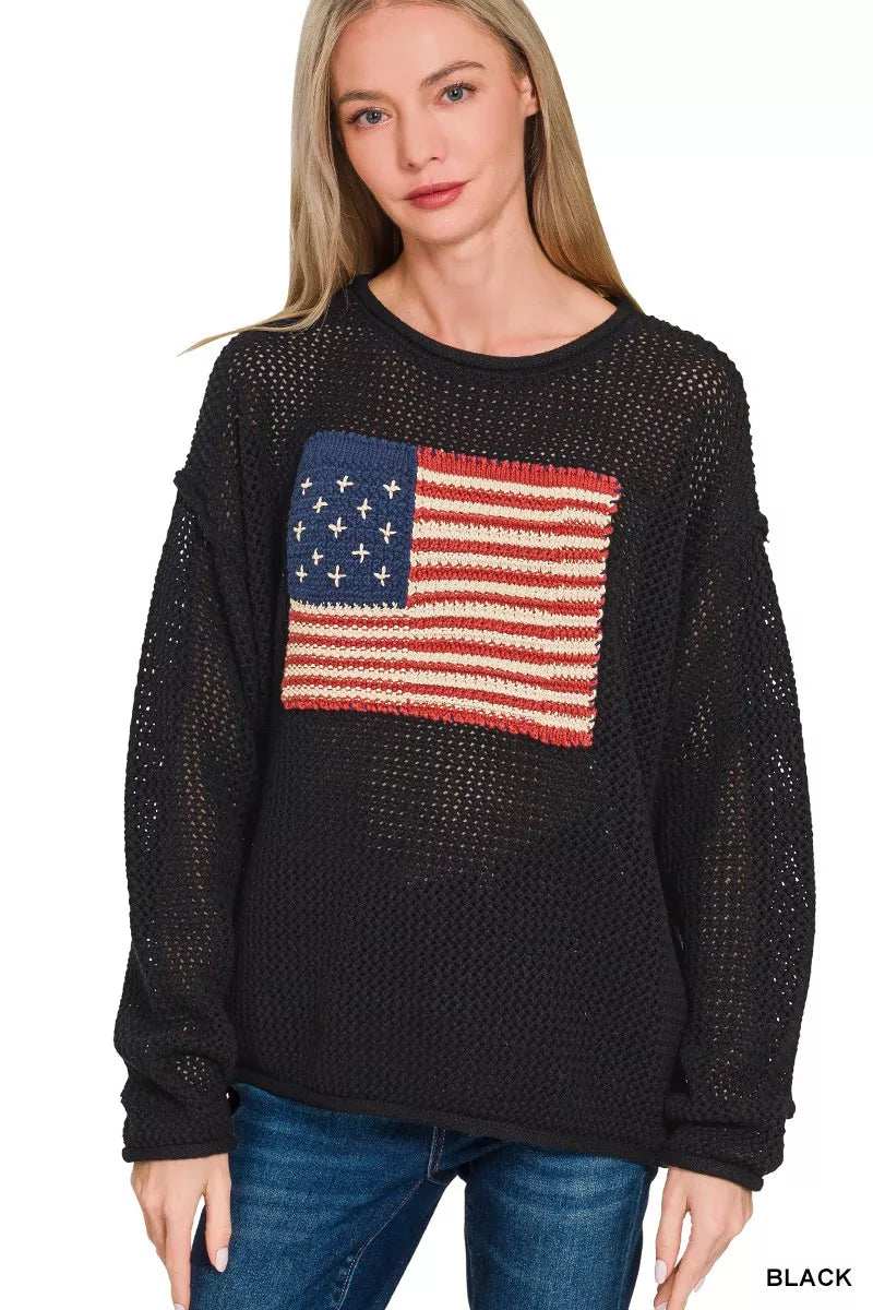 Zenana American Flag Crew Neck Sweater - Trendsi - Flyclothing LLC