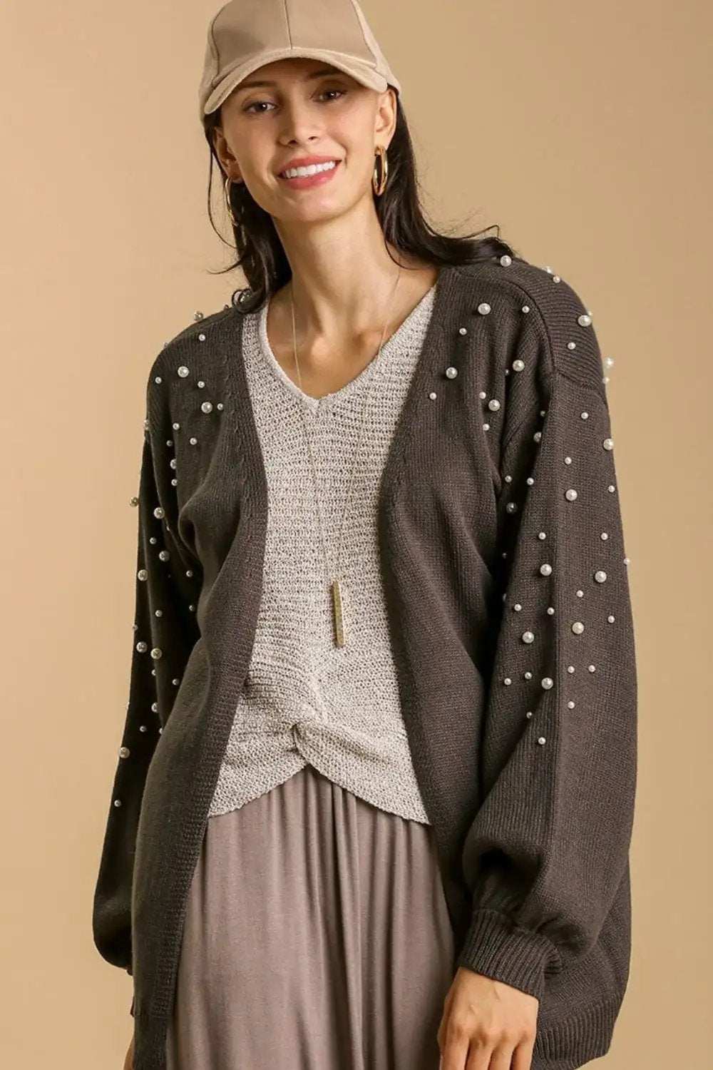 Umgee Full Size Open Front Cardigan with Long Sleeve Pearl Details Plus Size - Trendsi - Flyclothing LLC