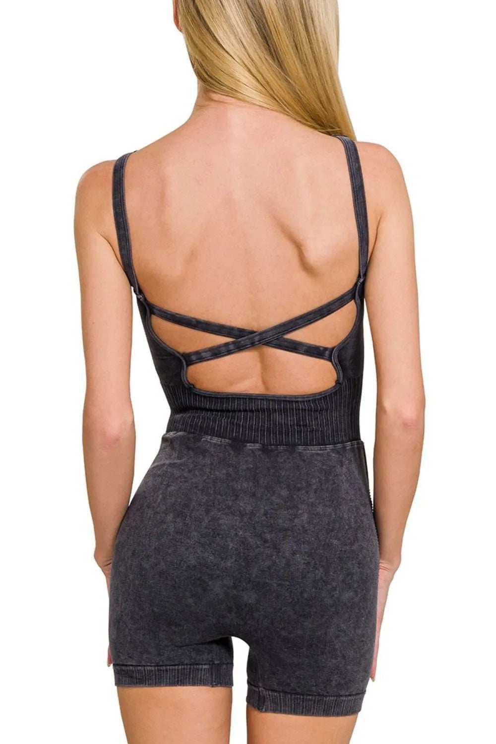 Zenana Washed Sports Romper With Removable Bra Pad - Trendsi - Flyclothing LLC
