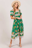 SAGE + FIG Printed Smocked Short Sleeve Midi Dress - Trendsi - Flyclothing LLC