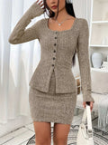 Square Neck Button Up Long Sleeve Top and Skirt Set - Trendsi - Flyclothing LLC