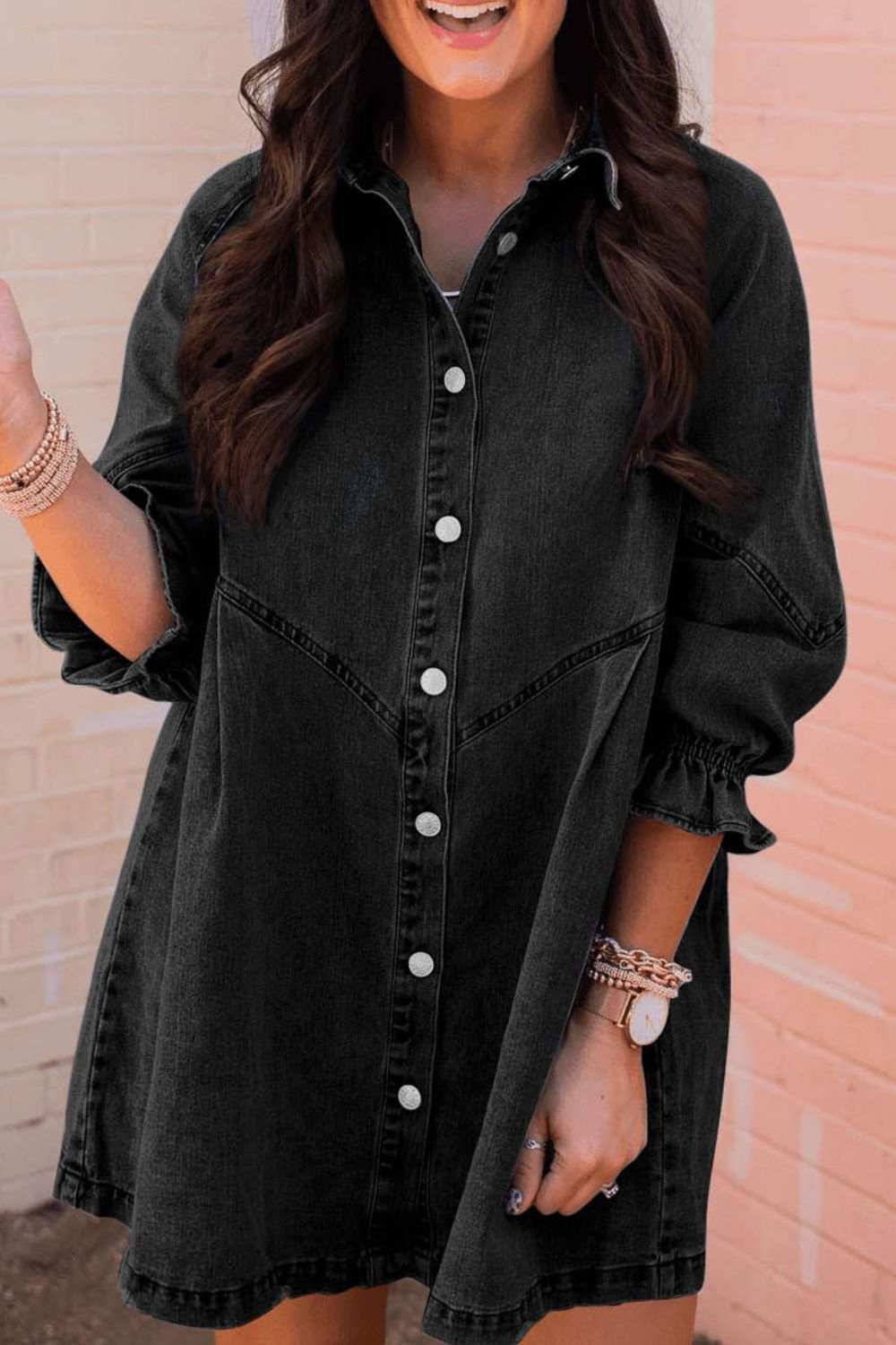 Distressed Collared Neck Flounce Sleeve Denim Dress - Trendsi - Flyclothing LLC
