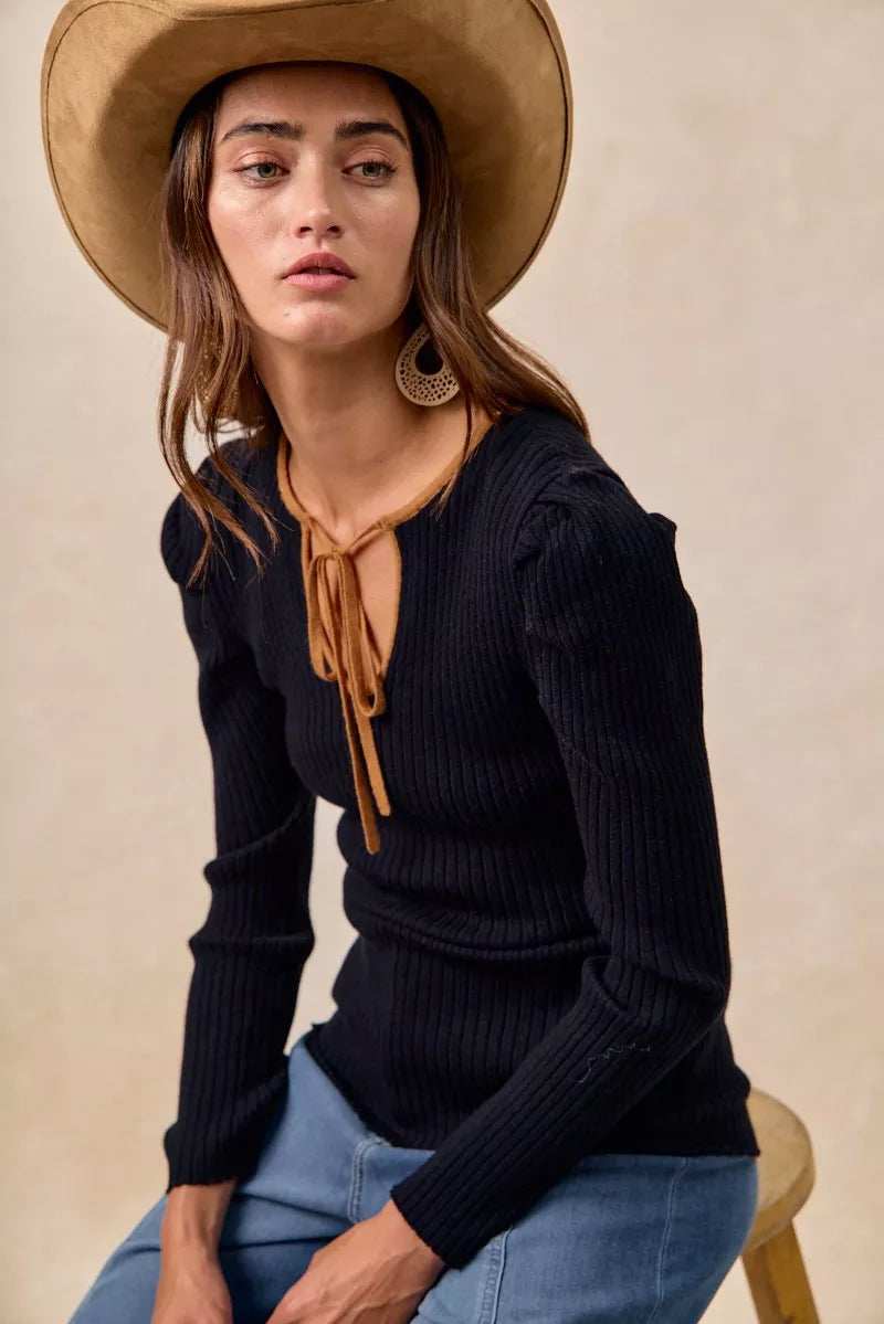 BiBi Ribbed Contrast Front Tied Top with Shrried - Trendsi - Flyclothing LLC