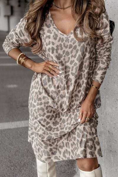 Leopard V-Neck Long Sleeve Dress - Trendsi - Flyclothing LLC