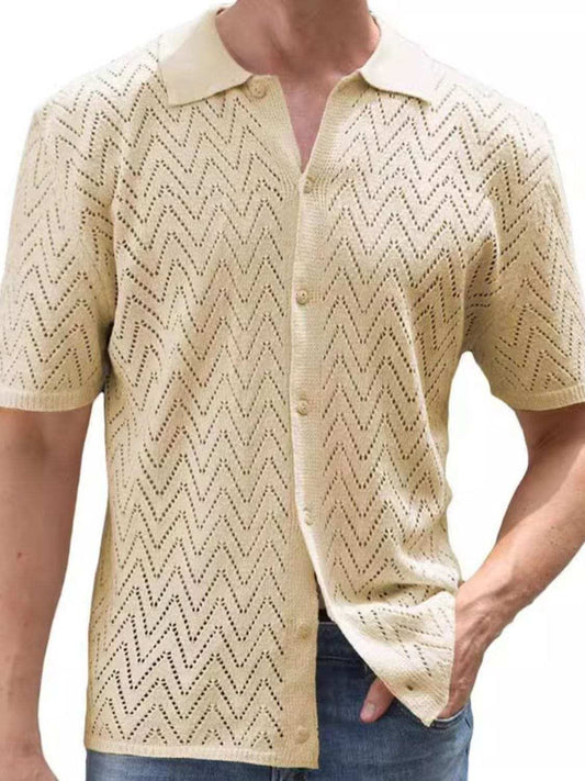Men's Full Size Openwork Button Down Short Sleeve Shirt Plus Size - Trendsi - Flyclothing LLC