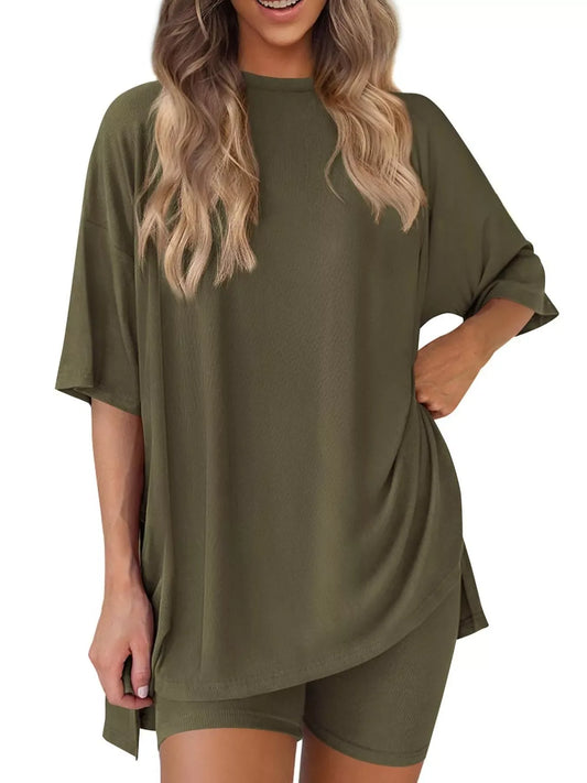 Full Size Half Sleeve T-Shirt and Shorts Set Plus Size - Trendsi - Flyclothing LLC