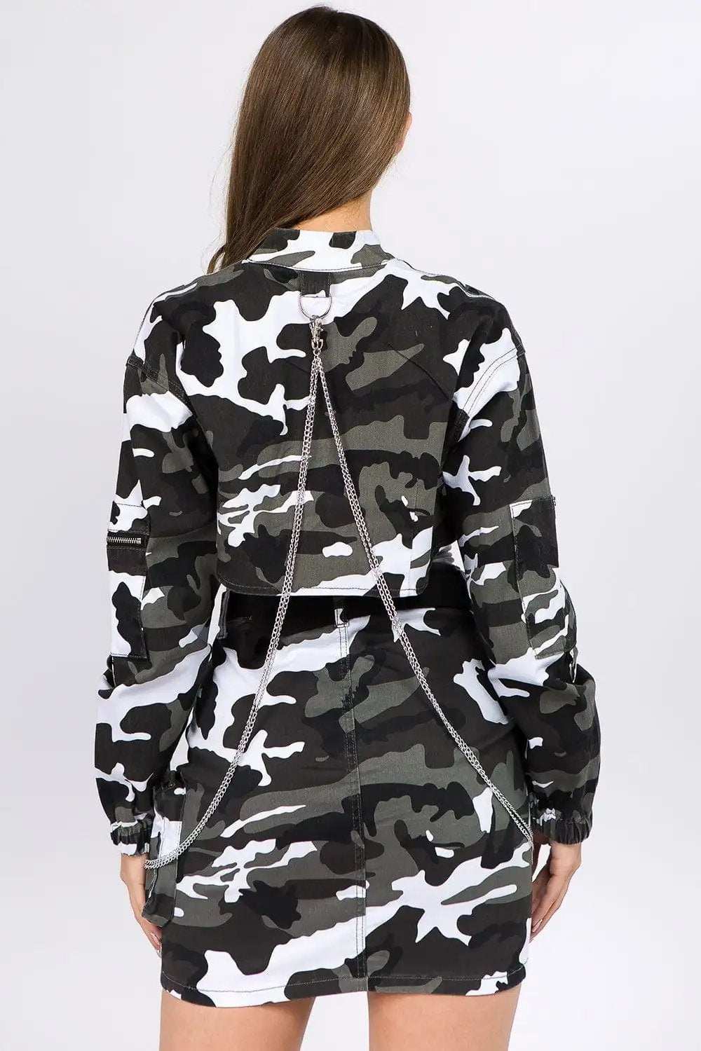 American Bazi Camouflage Cropped Jacket with Chains - Trendsi - Flyclothing LLC