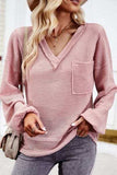 Devine Waffle-Knit V-Neck Long Sleeve Top - Trendsi - Flyclothing LLC