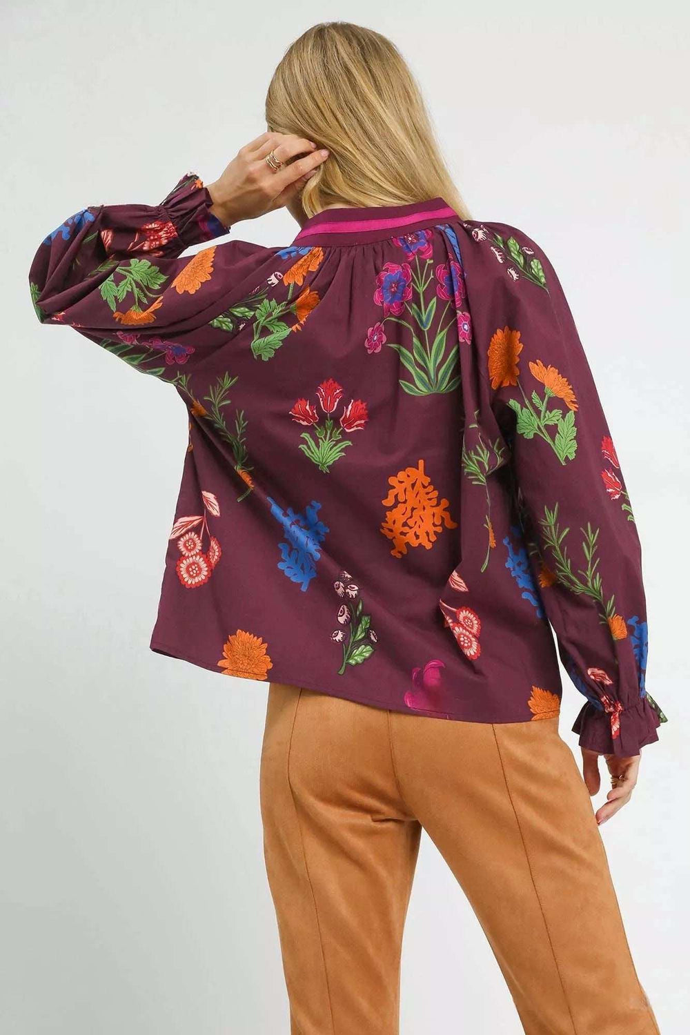 Umgee Floral Print Flounce Sleeve Blouse - Trendsi - Flyclothing LLC