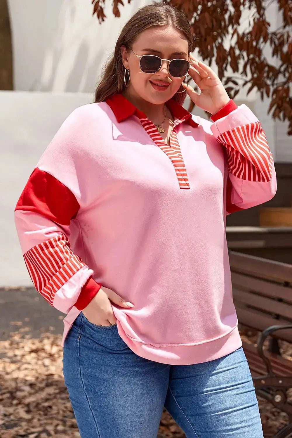 Plus Size Color Block Johnny Collar Long Sleeve Sweatshirt - Trendsi - Flyclothing LLC