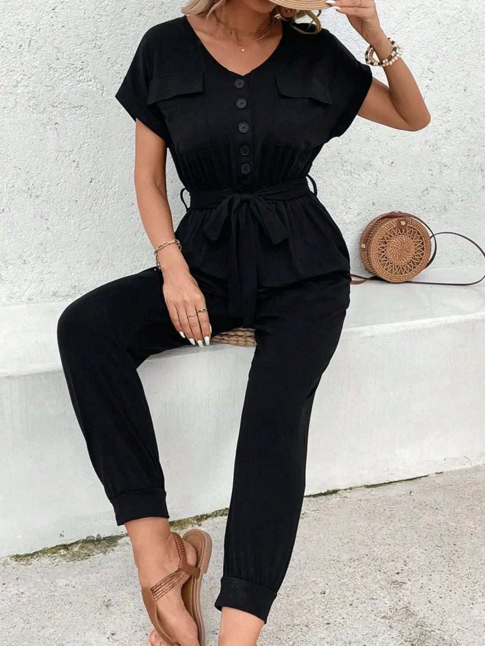 V-Neck Short Sleeve Jumpsuit - Trendsi - Flyclothing LLC