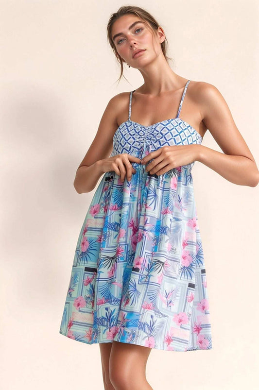 Davi & Dani Tropical Floral Geo Print Tie Back Tube Top Romper - Trendsi - Flyclothing LLC