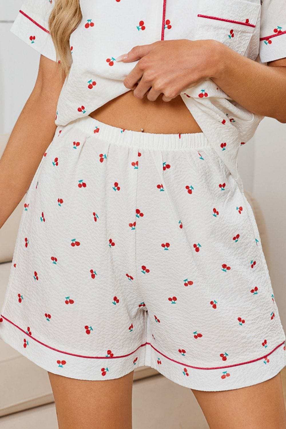 Cheery Print Collared Neck Top and Shorts Lounge Set - Trendsi - Flyclothing LLC