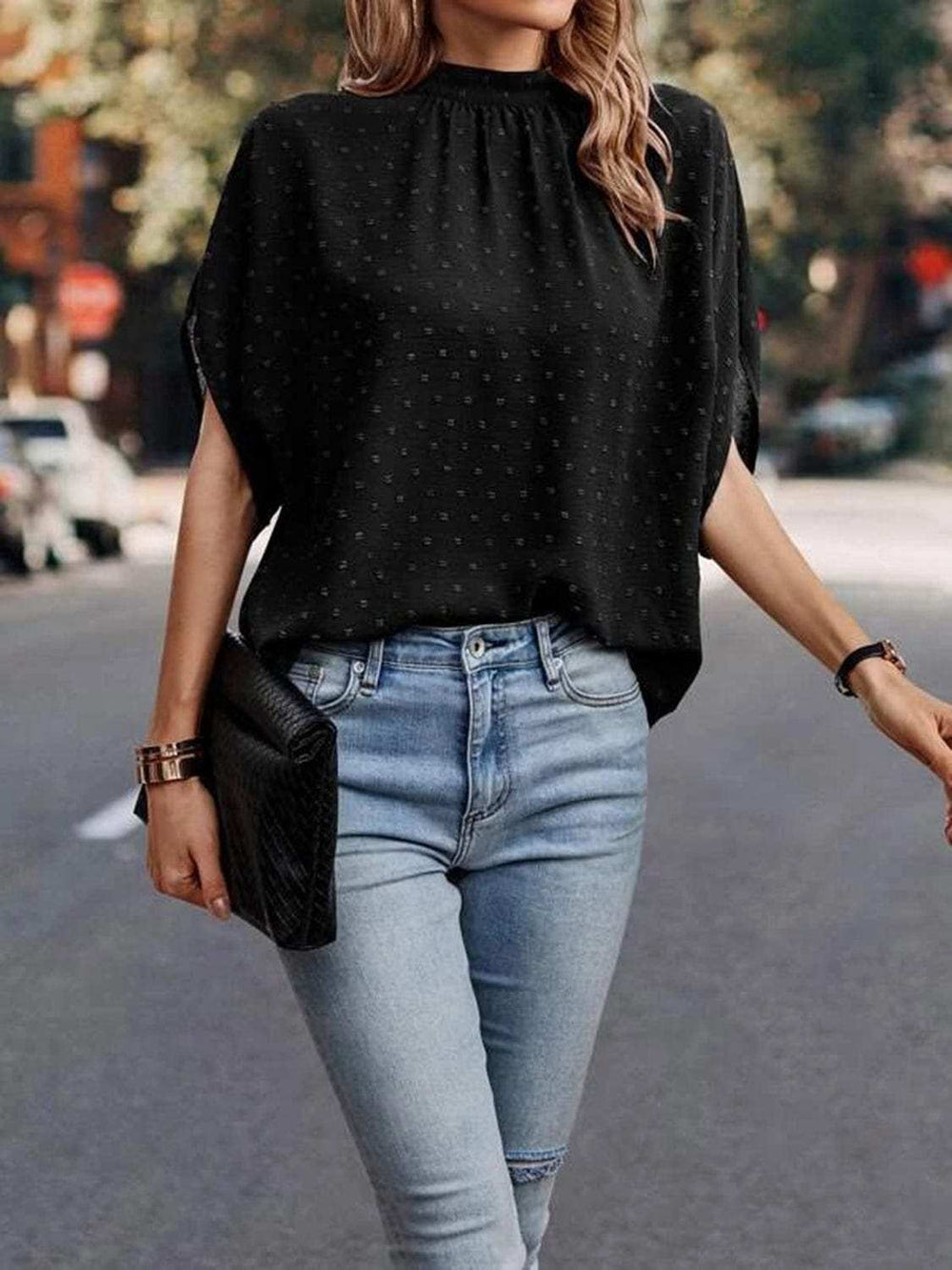 Swiss Dot Mock Neck Half Sleeve Blouse - Trendsi - Flyclothing LLC