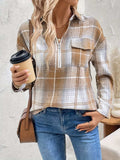 Plaid Collared Neck Half Zip Long Sleeve Top - Trendsi - Flyclothing LLC