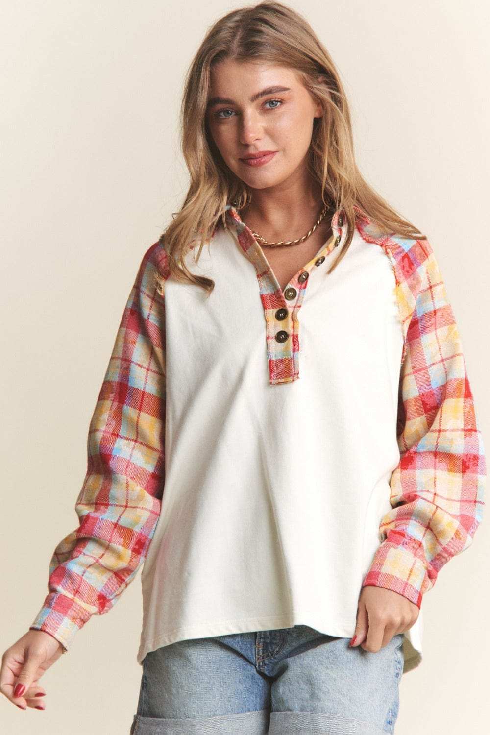 J.NNA Plaid Contrast Button Down Henley Top - Trendsi - Flyclothing LLC