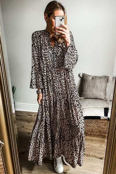 Leopard Notched Long Sleeve Maxi Dress - Trendsi - Flyclothing LLC