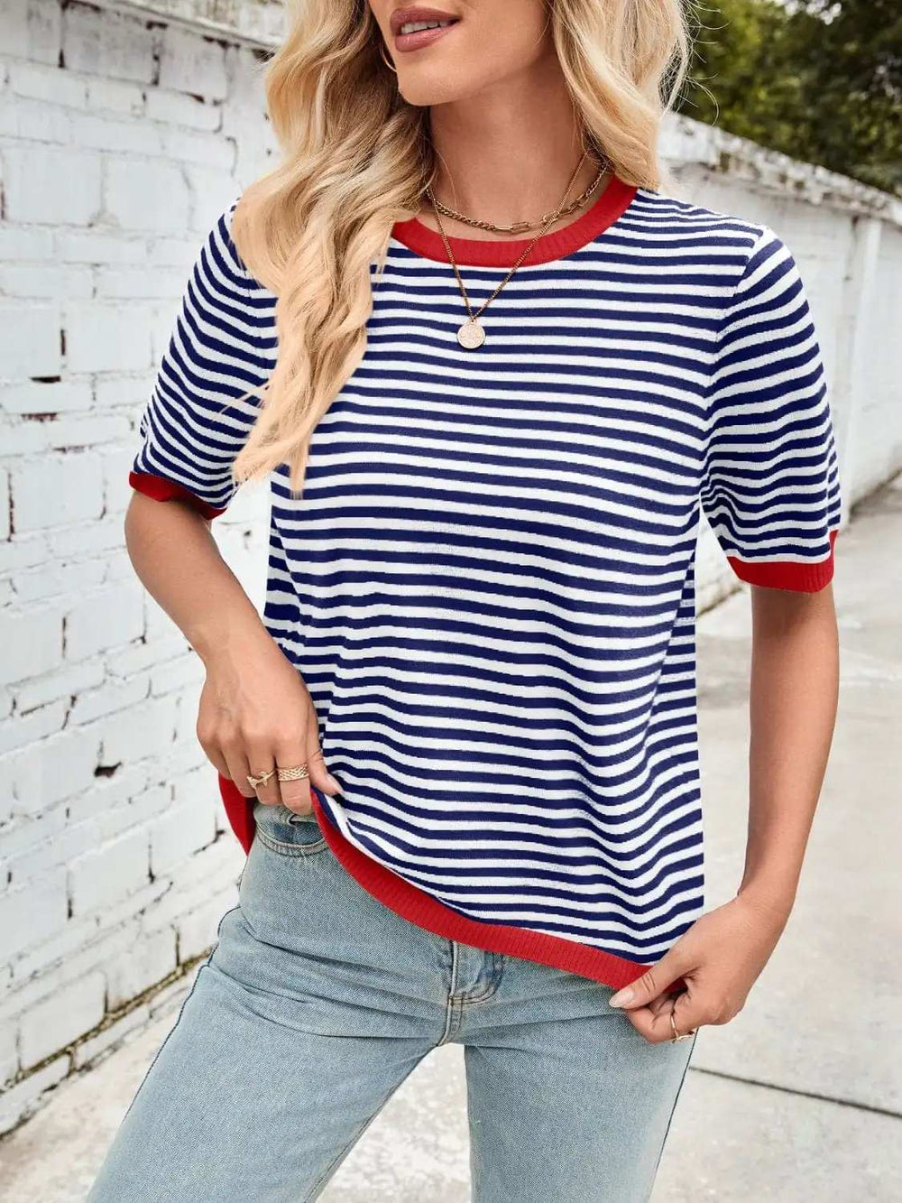 Lovelet Striped Contrast Round Neck Half Sleeve Knit Top - Trendsi - Flyclothing LLC