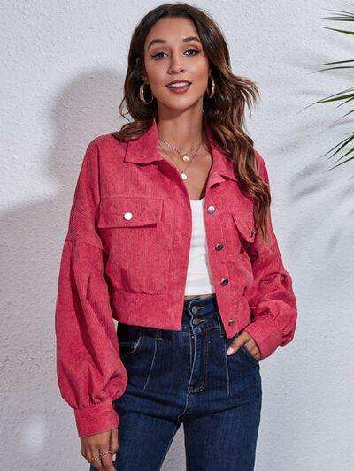 Button Down Collared Neck Cropped Jacket - Trendsi - Flyclothing LLC