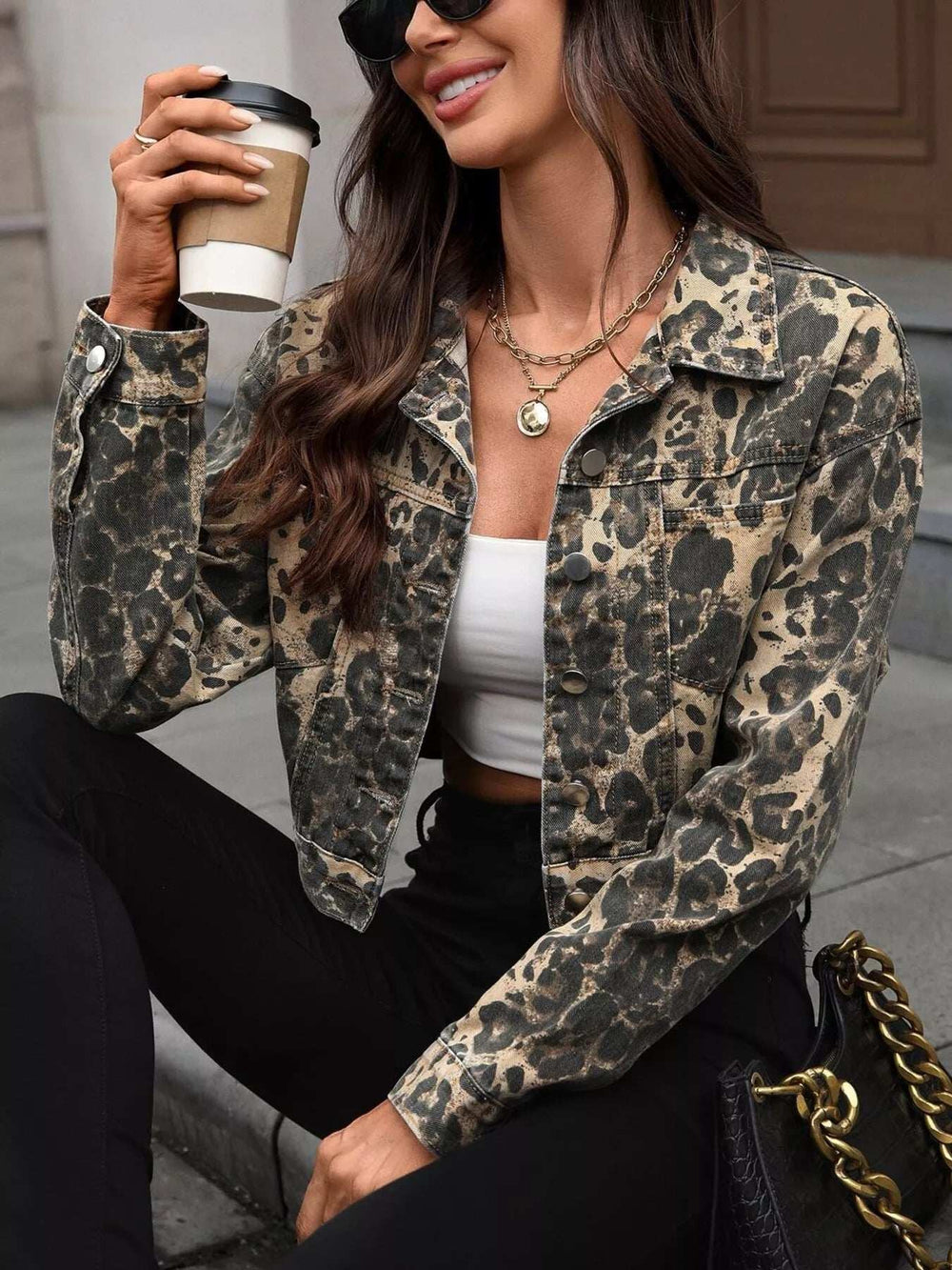 Leopard Button Up Cropped Denim Jacket - Trendsi - Flyclothing LLC