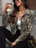 Leopard Button Up Cropped Denim Jacket - Trendsi - Flyclothing LLC