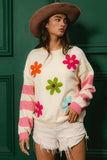 BiBi Colorful Floral Patched Sweater with Striped Sleeve - Trendsi - Flyclothing LLC