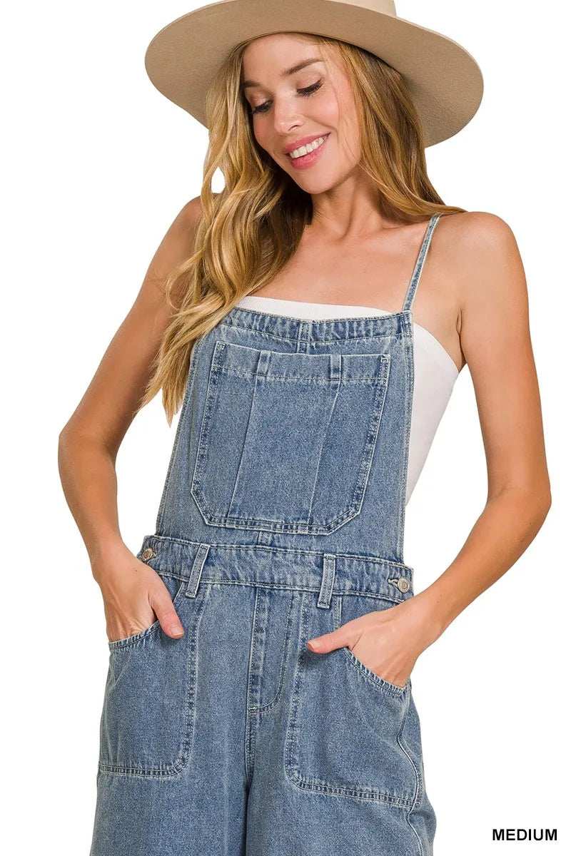 Zenana Denim Medium Washed Wide Leg Overalls - Trendsi - Flyclothing LLC