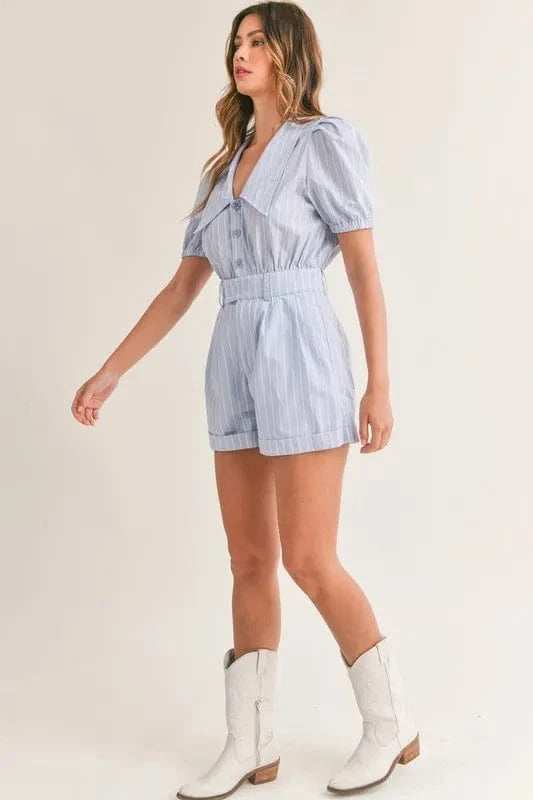 MABLE Striped Puff Sleeve Collared Neck Romper - Trendsi - Flyclothing LLC