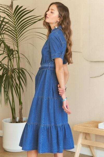 ADORA Tiered Button Down Tie Waist Short Sleeve Denim Dress - Trendsi - Flyclothing LLC