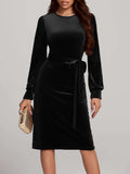 Round Neck Tie Waist Long Sleeve Velvet Dress - Trendsi - Flyclothing LLC