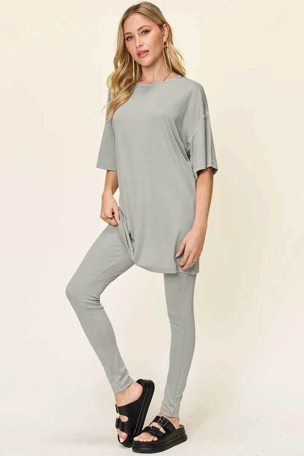 Double Take Full Size Round Neck Dropped Shoulder T-Shirt and Leggings Set - Trendsi - Flyclothing LLC