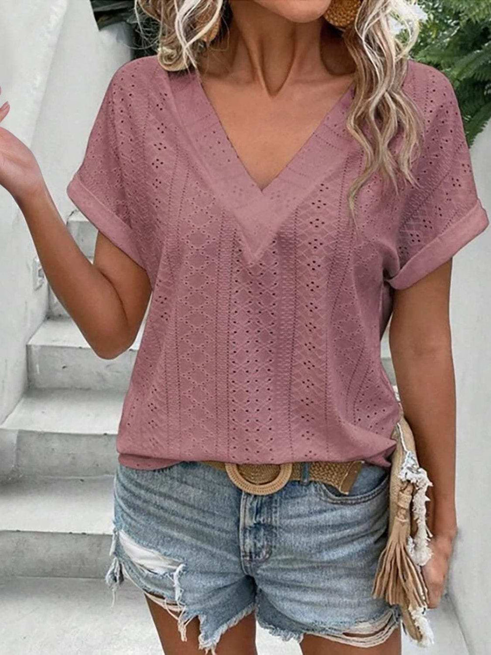 Eyelet V-Neck Short Sleeve Blouse - Trendsi - Flyclothing LLC