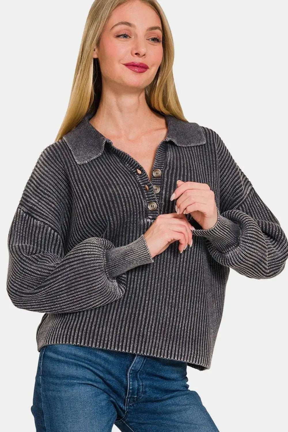 Zenana Washed Half Button Long Sleeve Sweater - Trendsi - Flyclothing LLC
