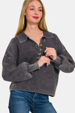 Zenana Washed Half Button Long Sleeve Sweater - Trendsi - Flyclothing LLC