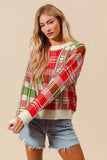 SO ME Christmas Color Checkered Plaid Crew Neck Sweater - Trendsi - Flyclothing LLC
