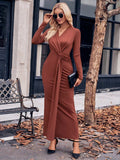 Slit Twisted Surplice Long Sleeve Dress - Trendsi - Flyclothing LLC