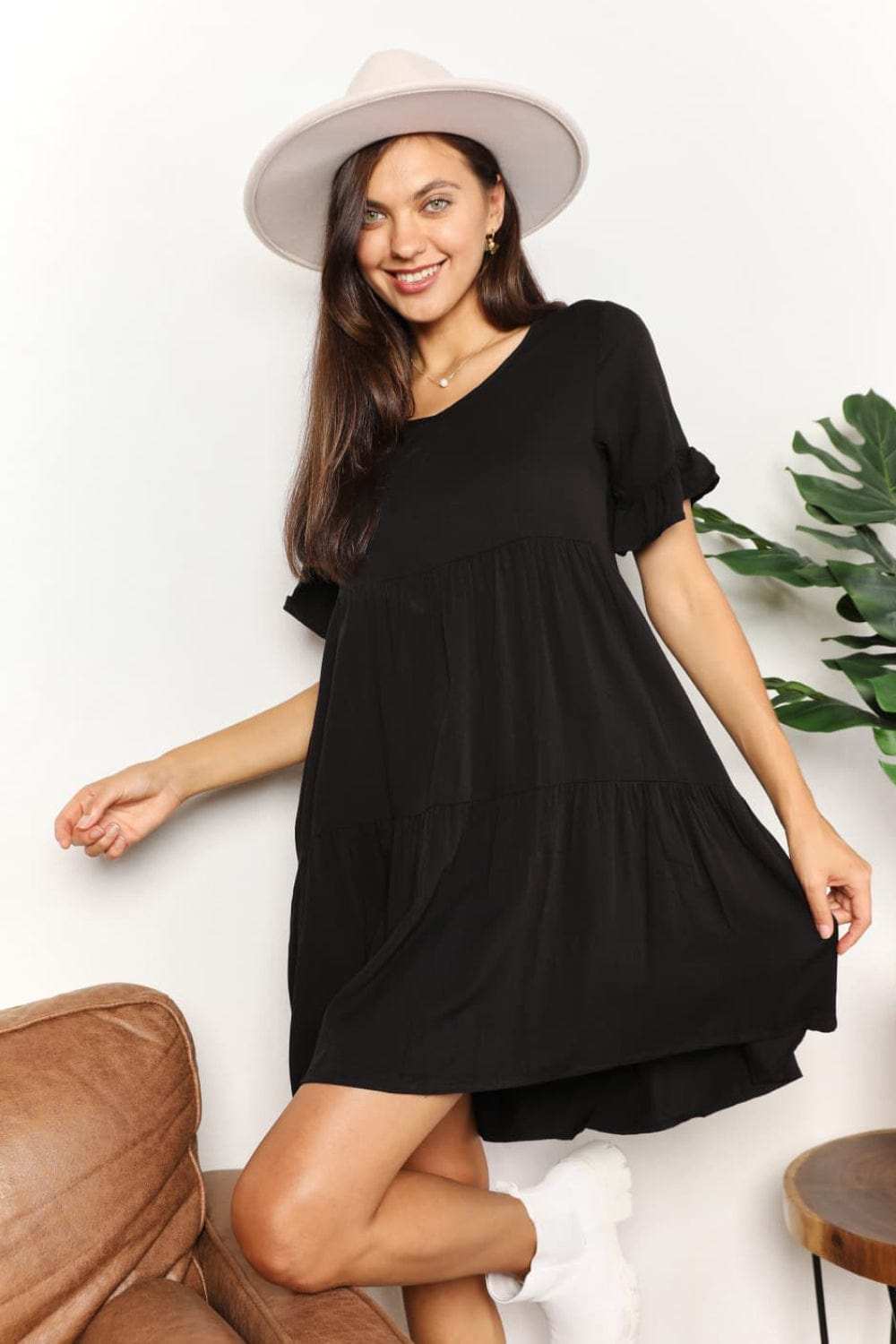 Mandy V-Neck Flounce Sleeve Tiered Dress - Trendsi - Flyclothing LLC