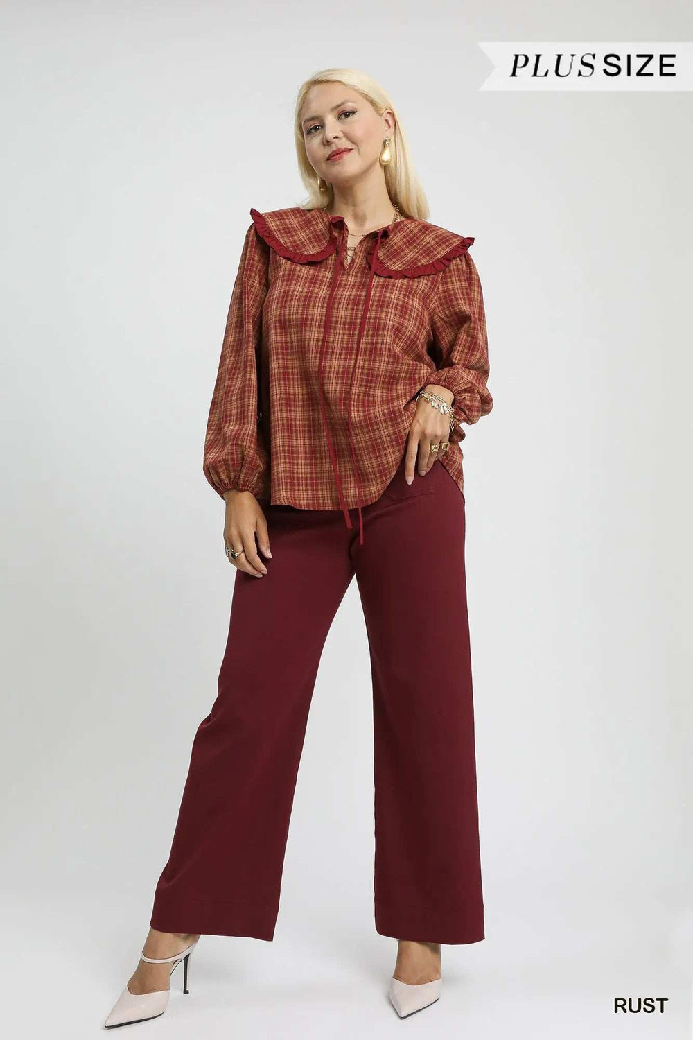 Umgee Full Size Plaid Ruffle Collar Blouse Plus Size - Trendsi - Flyclothing LLC
