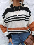Contrast Striped Round Neck Long Sleeve Sweater - Trendsi - Flyclothing LLC