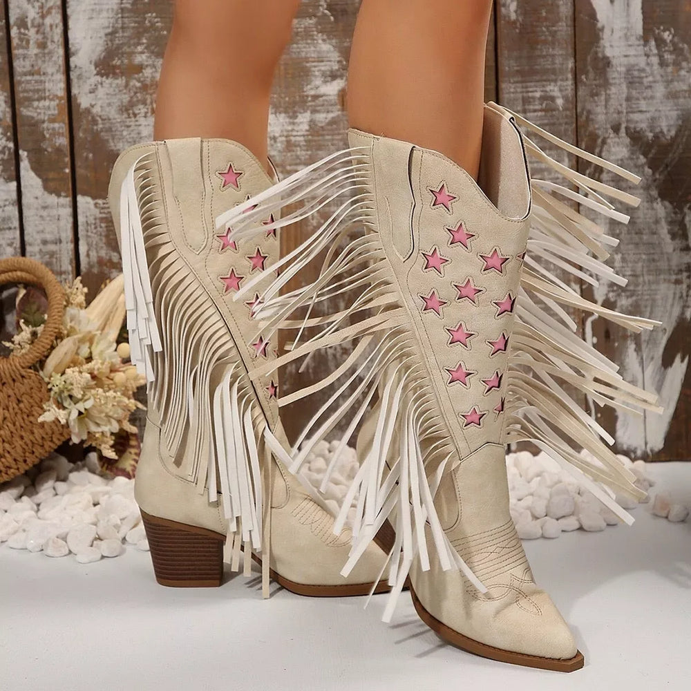 Star Fringe Block Heel Boots - Trendsi - Flyclothing LLC
